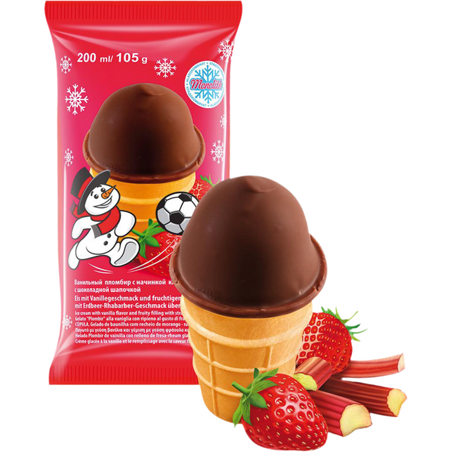 Vanilla ice cream with strawberry filling - rhubarb with chocolate cap
