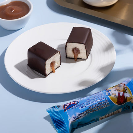Fresh cheese bar filled with a sweetened condensed milk , frozen