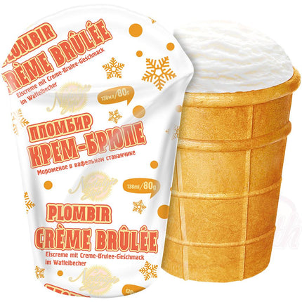 Creme Brulee-flavored ice cream in a waffle cup