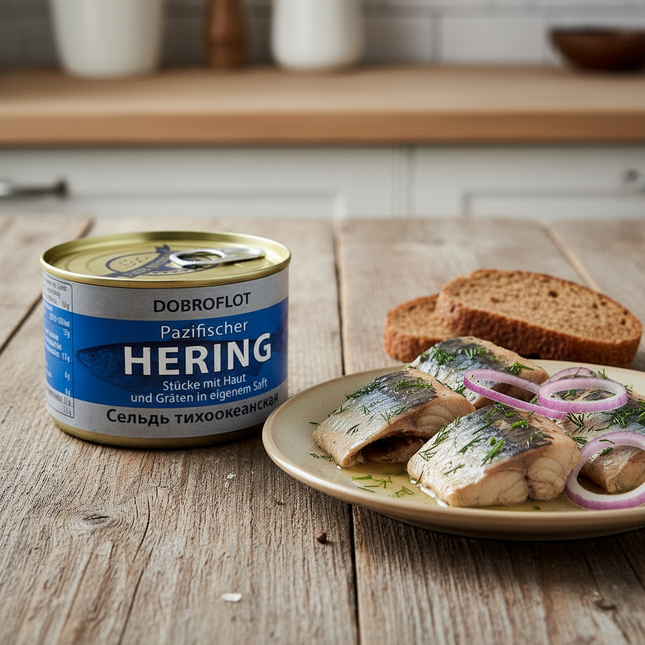 Оселедець тихоокеанський - шматочки зі шкірою і кістками у власному соку