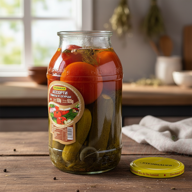 Маринованные огурцы и помидоры, 1850 мл