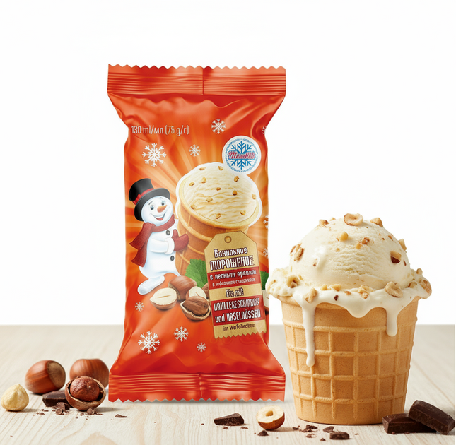 Vanilla Ice Cream with Hazelnuts in a Waffle Cup, 130 ml