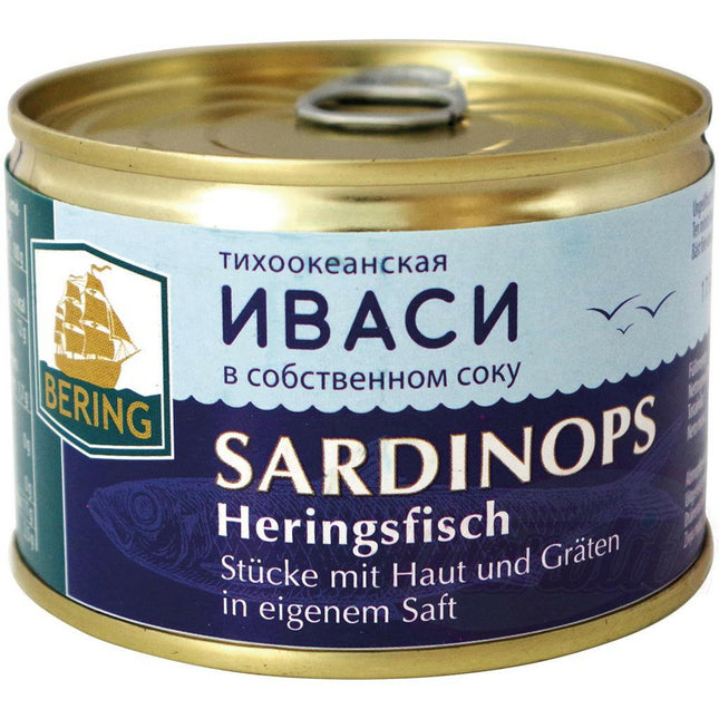 Sardinops (herring fish) - chunks with skin and bones in their own juice, 245g.